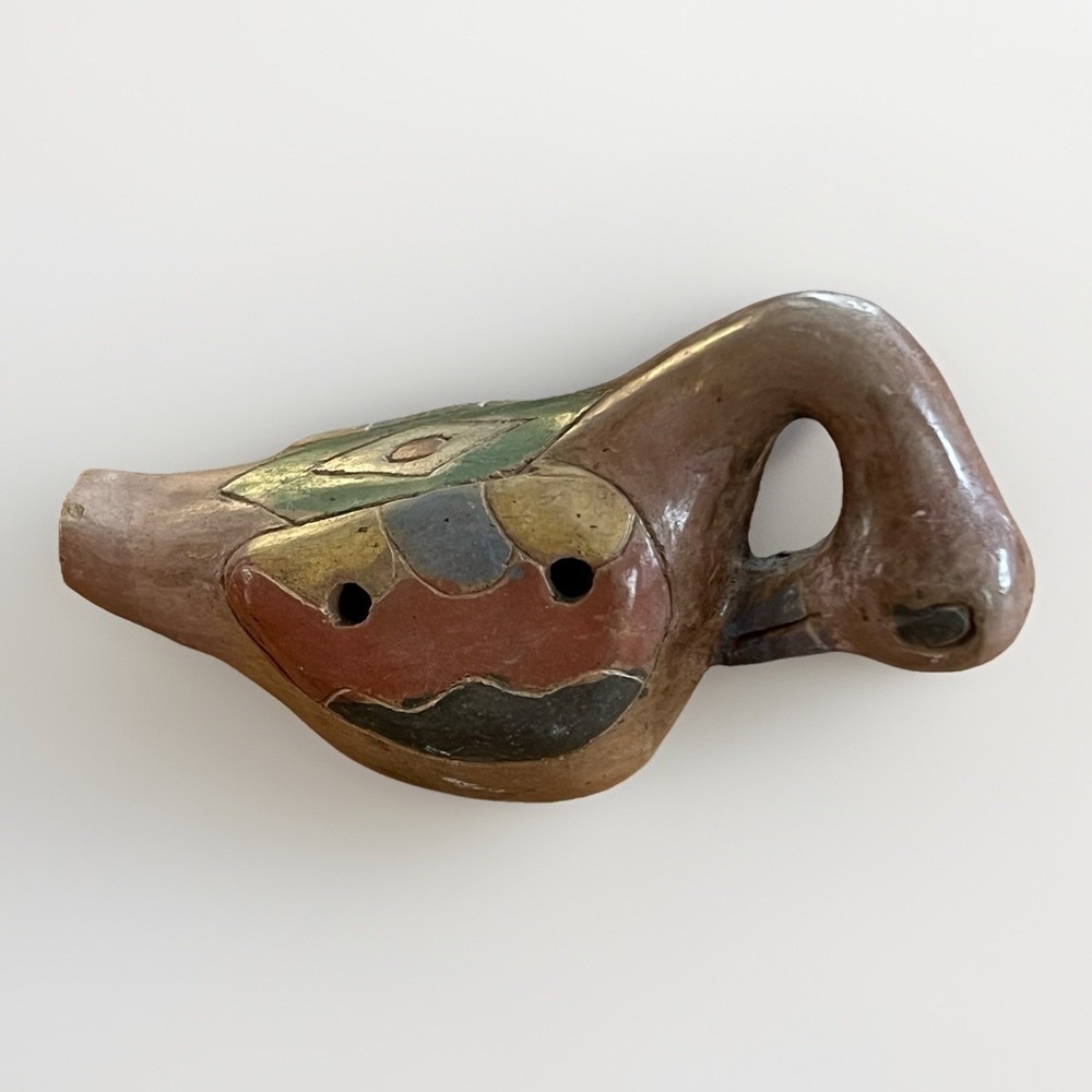 Vintage Hand Painted Clay Whistle Ocarina Flute Mexican Duck Goose Folklore